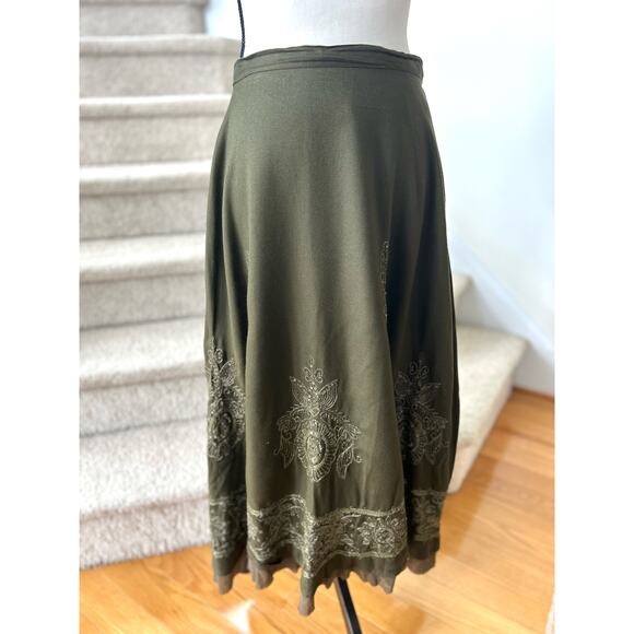 Vintage Coldwater Creek Olive Green Embroidered Maxi Peasant Skirt - Picture 1 of 7